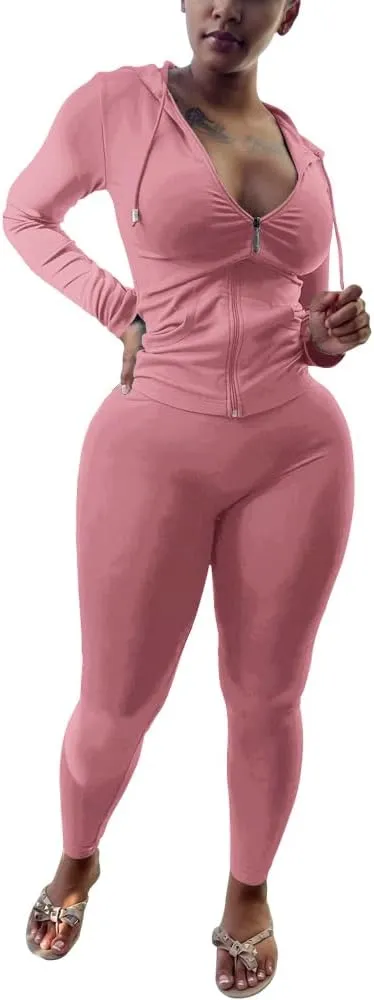 PINSV Women Two Piece Outfits Workout Sets Bodycon Tracksuit Long Sleeve Zip Up Hoodie Jacket Jogger Matching Sweat Pants Set