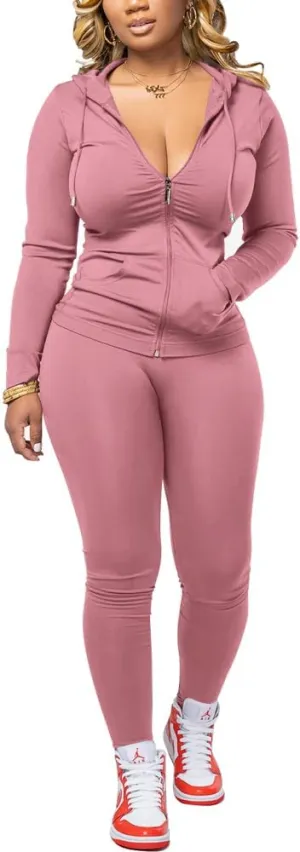 PINSV Women Two Piece Outfits Workout Sets Bodycon Tracksuit Long Sleeve Zip Up Hoodie Jacket Jogger Matching Sweat Pants Set