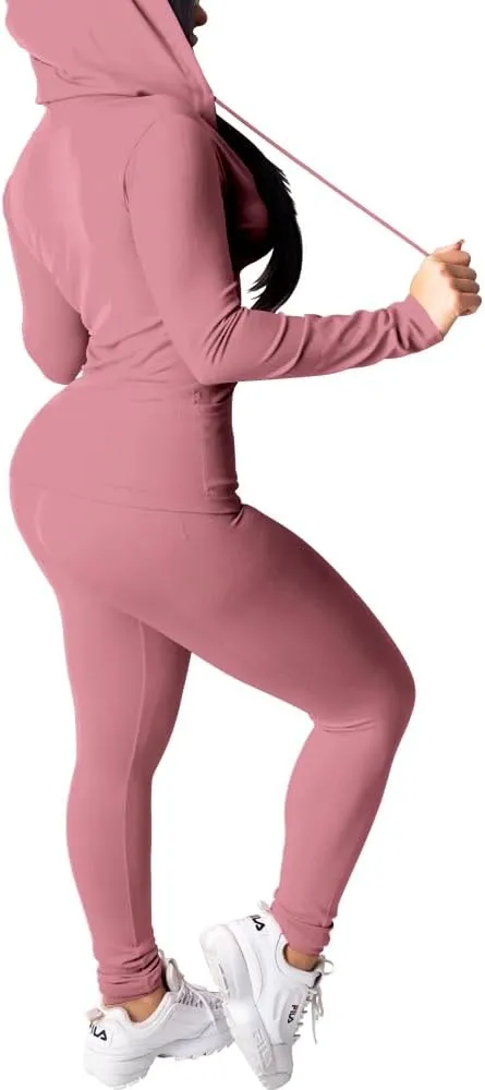 PINSV Women Two Piece Outfits Workout Sets Bodycon Tracksuit Long Sleeve Zip Up Hoodie Jacket Jogger Matching Sweat Pants Set