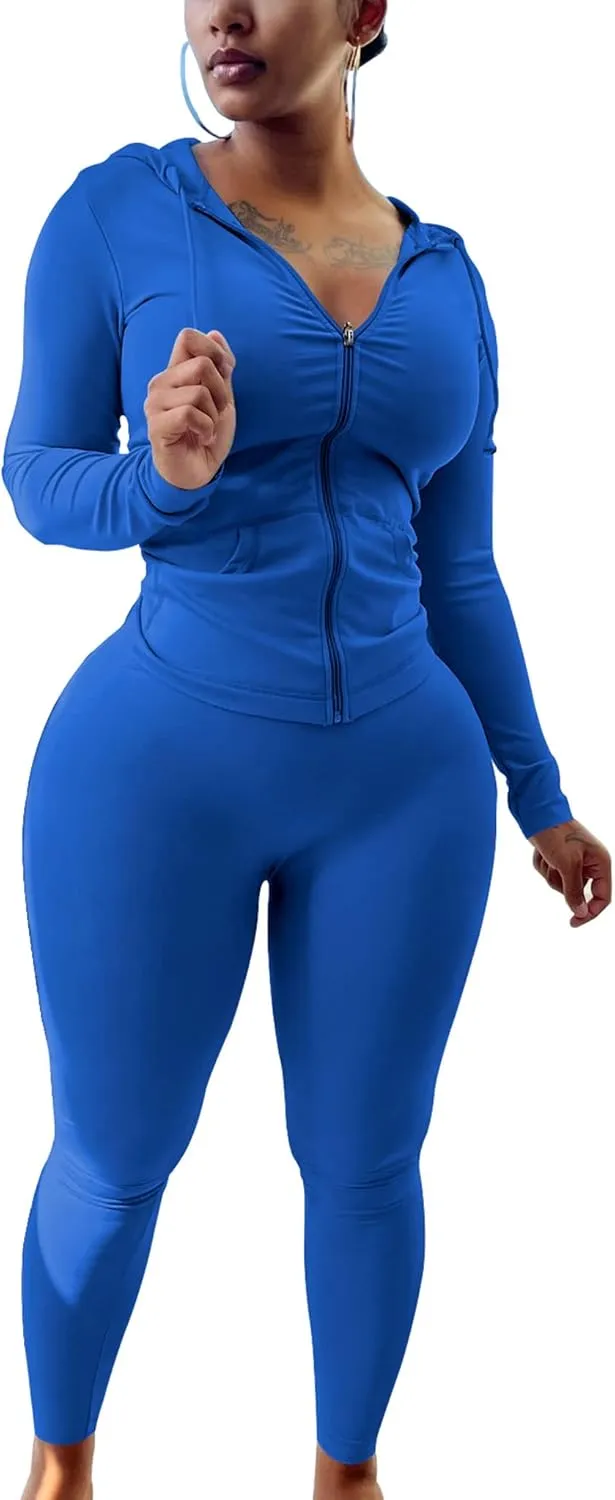 PINSV Women Two Piece Outfits Workout Sets Bodycon Tracksuit Long Sleeve Zip Up Hoodie Jacket Jogger Matching Sweat Pants Set