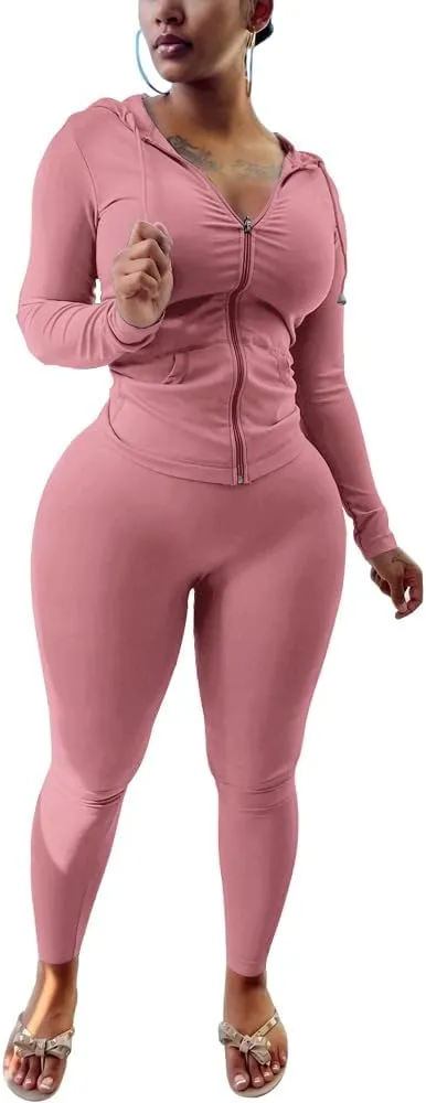 PINSV Women Two Piece Outfits Workout Sets Bodycon Tracksuit Long Sleeve Zip Up Hoodie Jacket Jogger Matching Sweat Pants Set