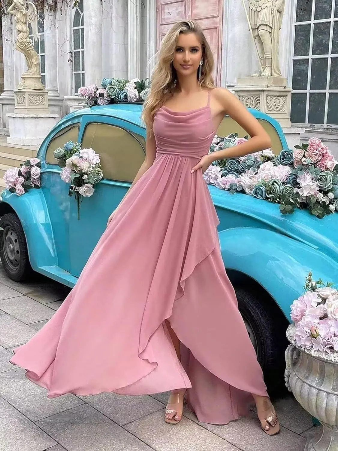 Pleated Chiffon Bridesmaid Dresses Long Spaghetti Strap A Line Formal Party Gowns for Women with Slit
