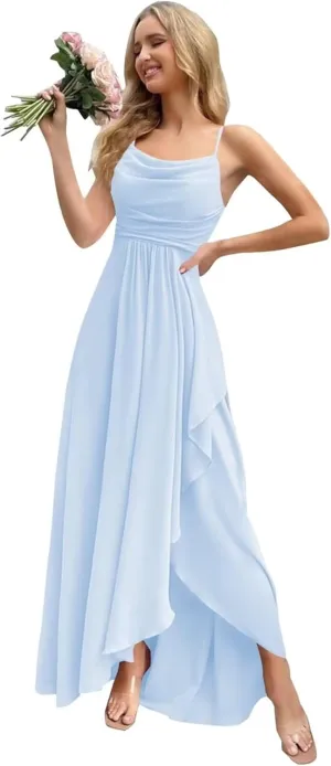 Pleated Chiffon Bridesmaid Dresses Long Spaghetti Strap A Line Formal Party Gowns for Women with Slit