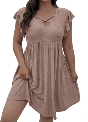 Plus Size Dresses for Women Summer Ruffle Cap Sleeve Cross V Neck Embroidered Eyelet Pleated A Line Knee Length Dress