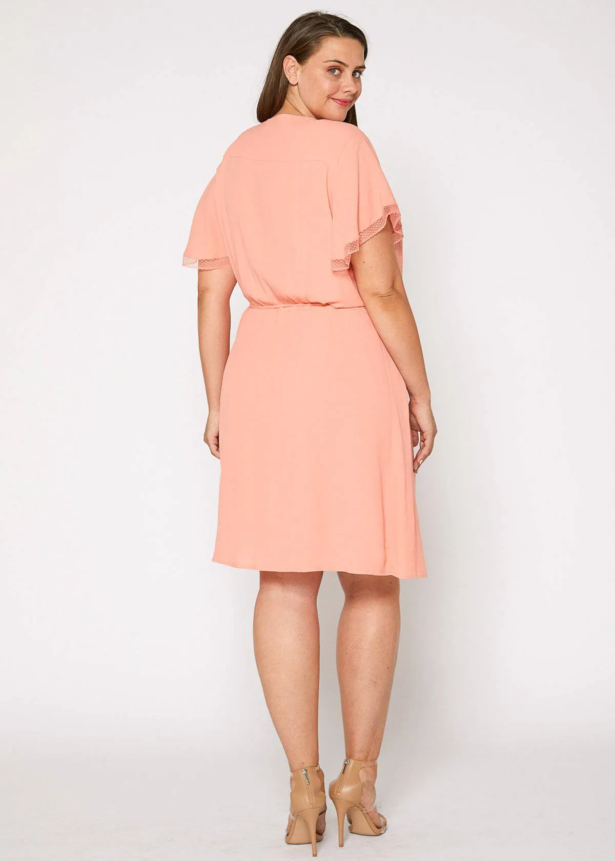 Plus Size Lace Trim Wrap Dress in Coral