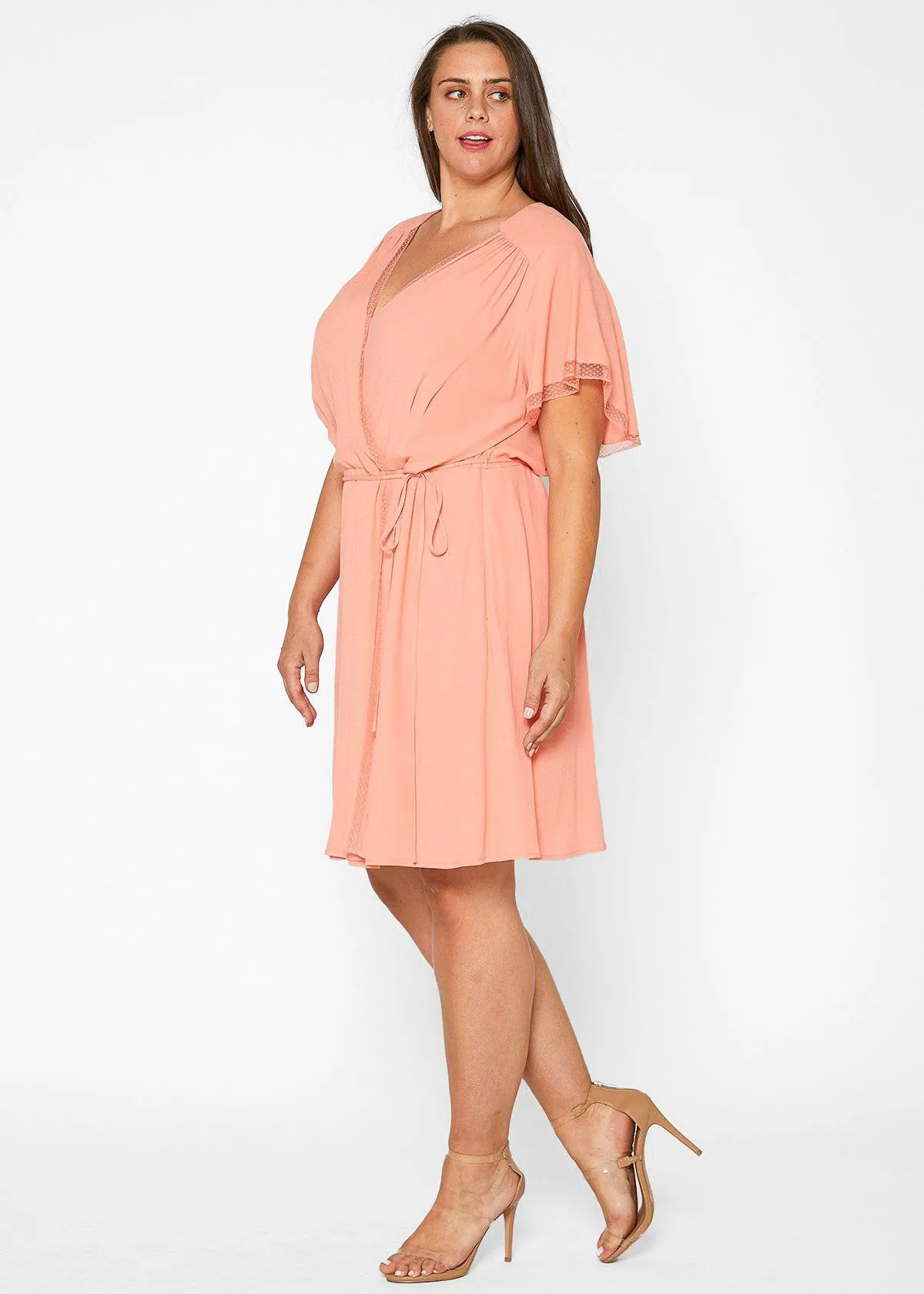 Plus Size Lace Trim Wrap Dress in Coral