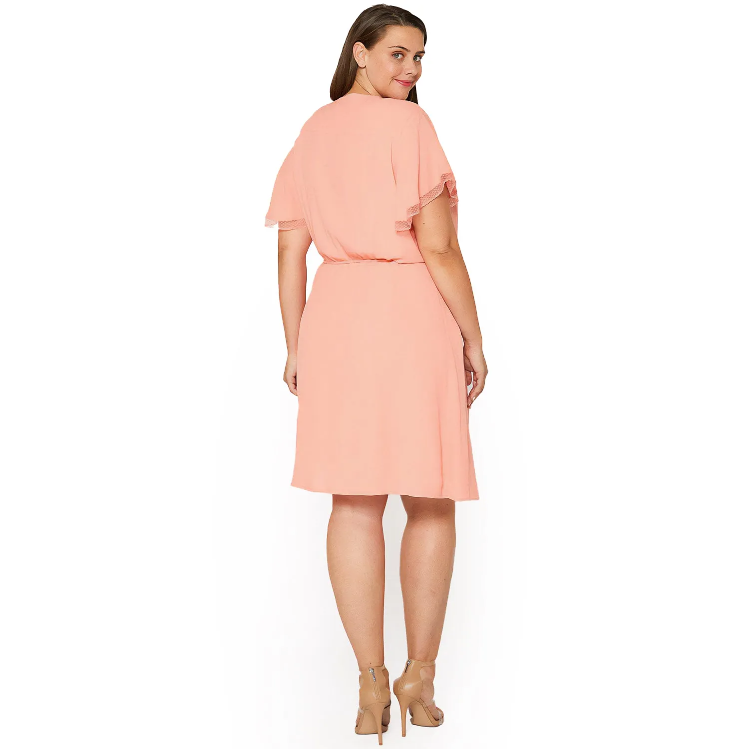 Plus Size Lace Trim Wrap Dress in Coral