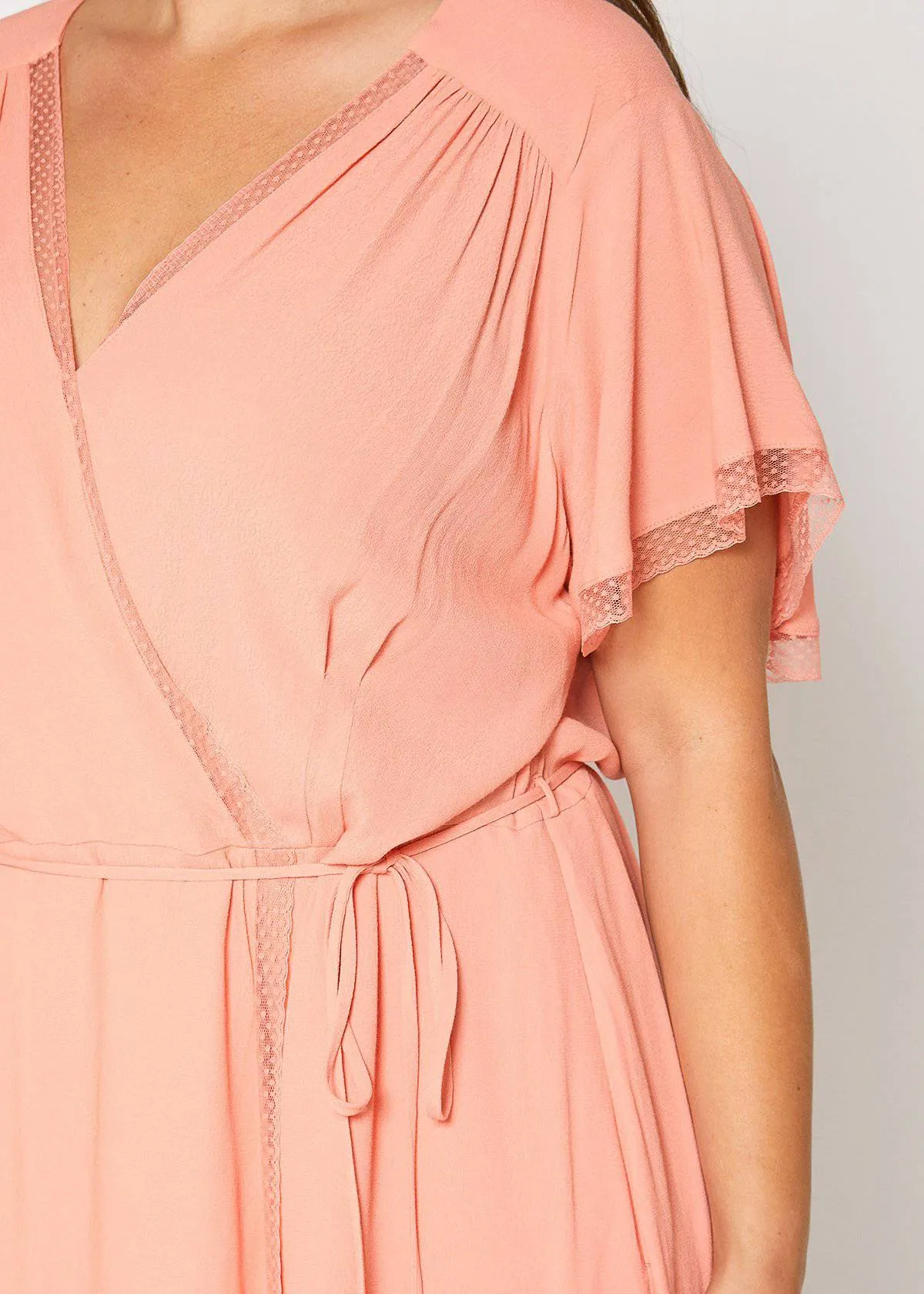 Plus Size Lace Trim Wrap Dress in Coral