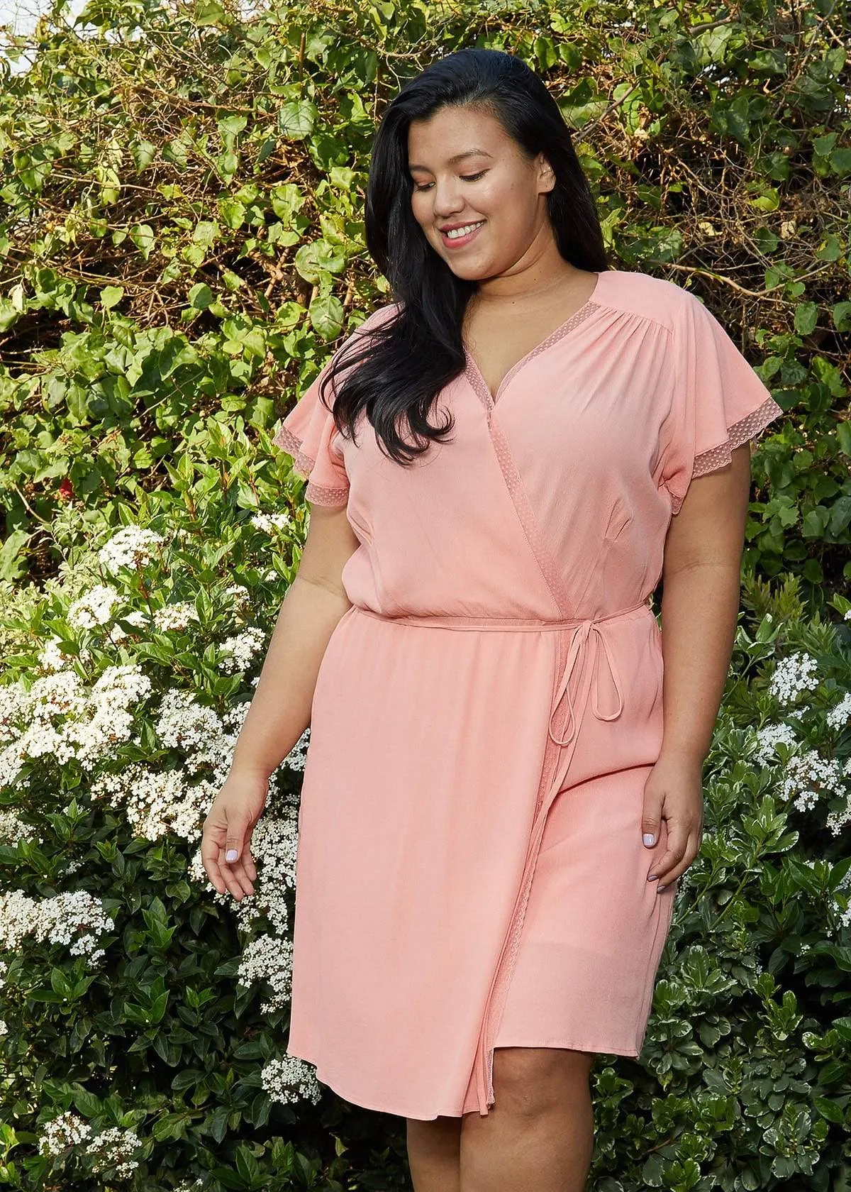 Plus Size Lace Trim Wrap Dress in Coral