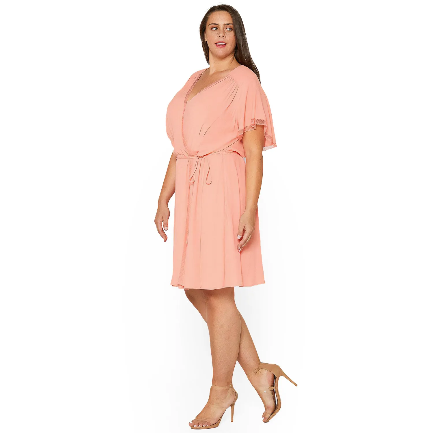 Plus Size Lace Trim Wrap Dress in Coral
