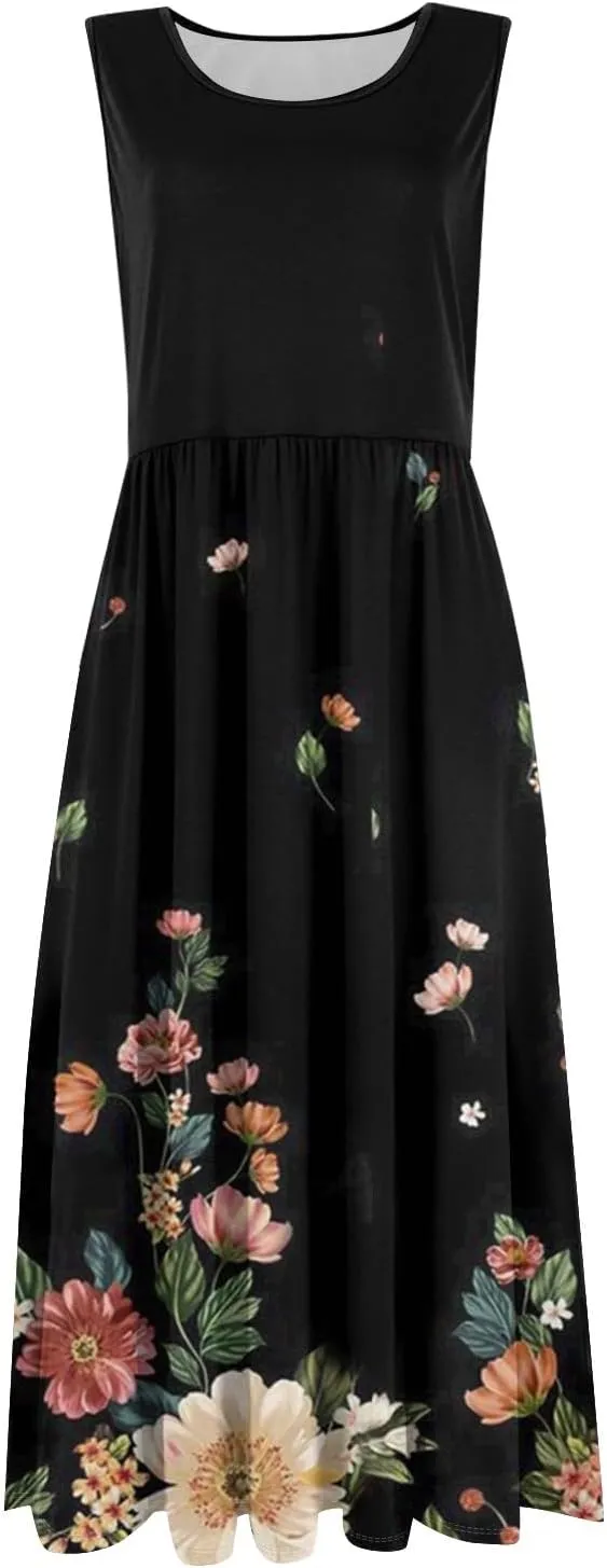 Plus Size Sleeveless Summer Dresses for Women 2025 Floral Midi Casual A-Line Beach Sundress Dress with Pockets