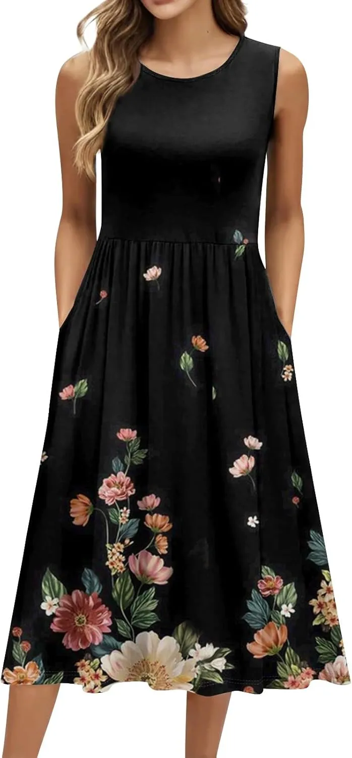 Plus Size Sleeveless Summer Dresses for Women 2025 Floral Midi Casual A-Line Beach Sundress Dress with Pockets