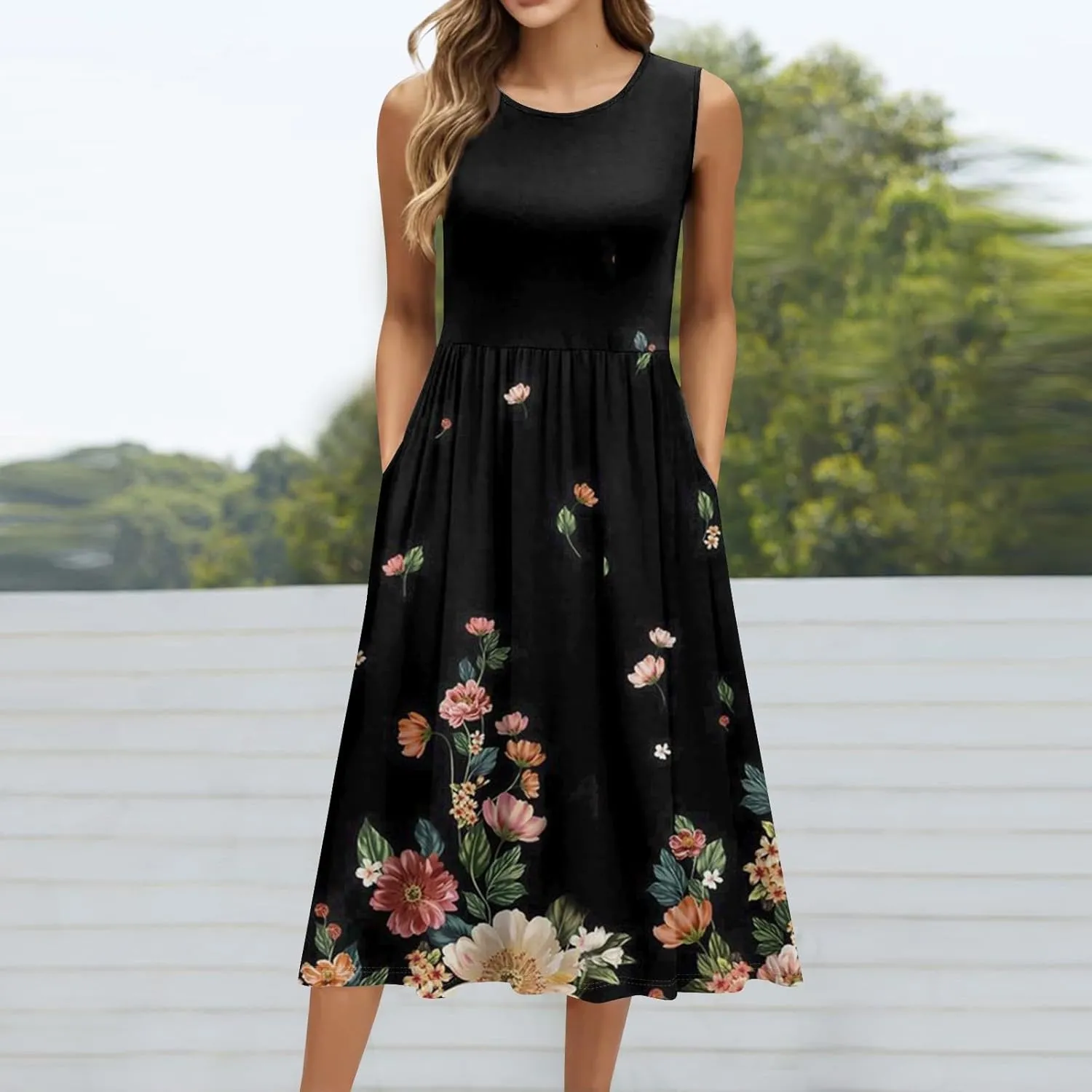 Plus Size Sleeveless Summer Dresses for Women 2025 Floral Midi Casual A-Line Beach Sundress Dress with Pockets
