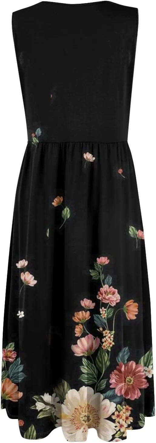 Plus Size Sleeveless Summer Dresses for Women 2025 Floral Midi Casual A-Line Beach Sundress Dress with Pockets