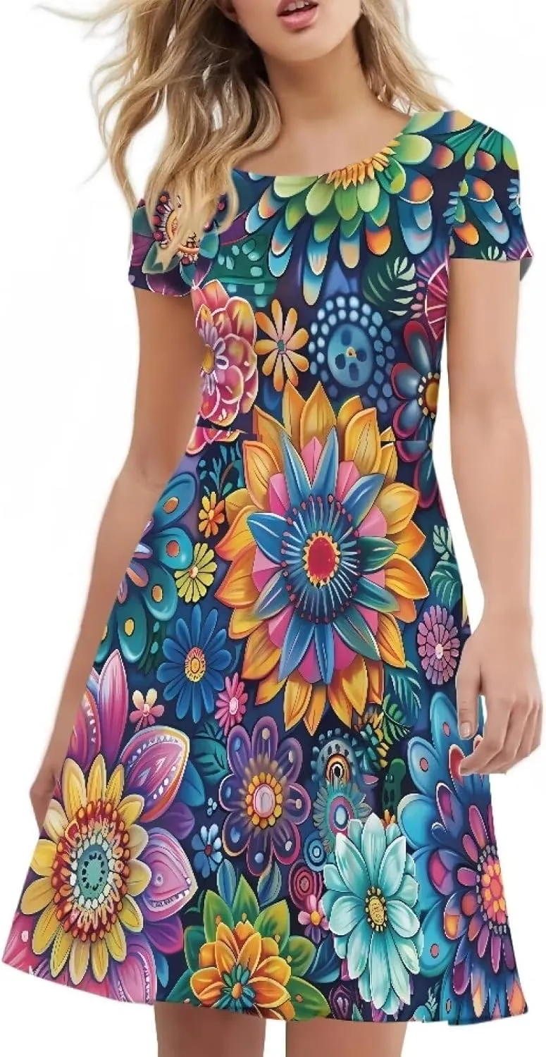 POLERO Vintage Dress for Women Summer Short Sleeve Midi Dress Crew Neck Sun Dress Swing Skater Dresses