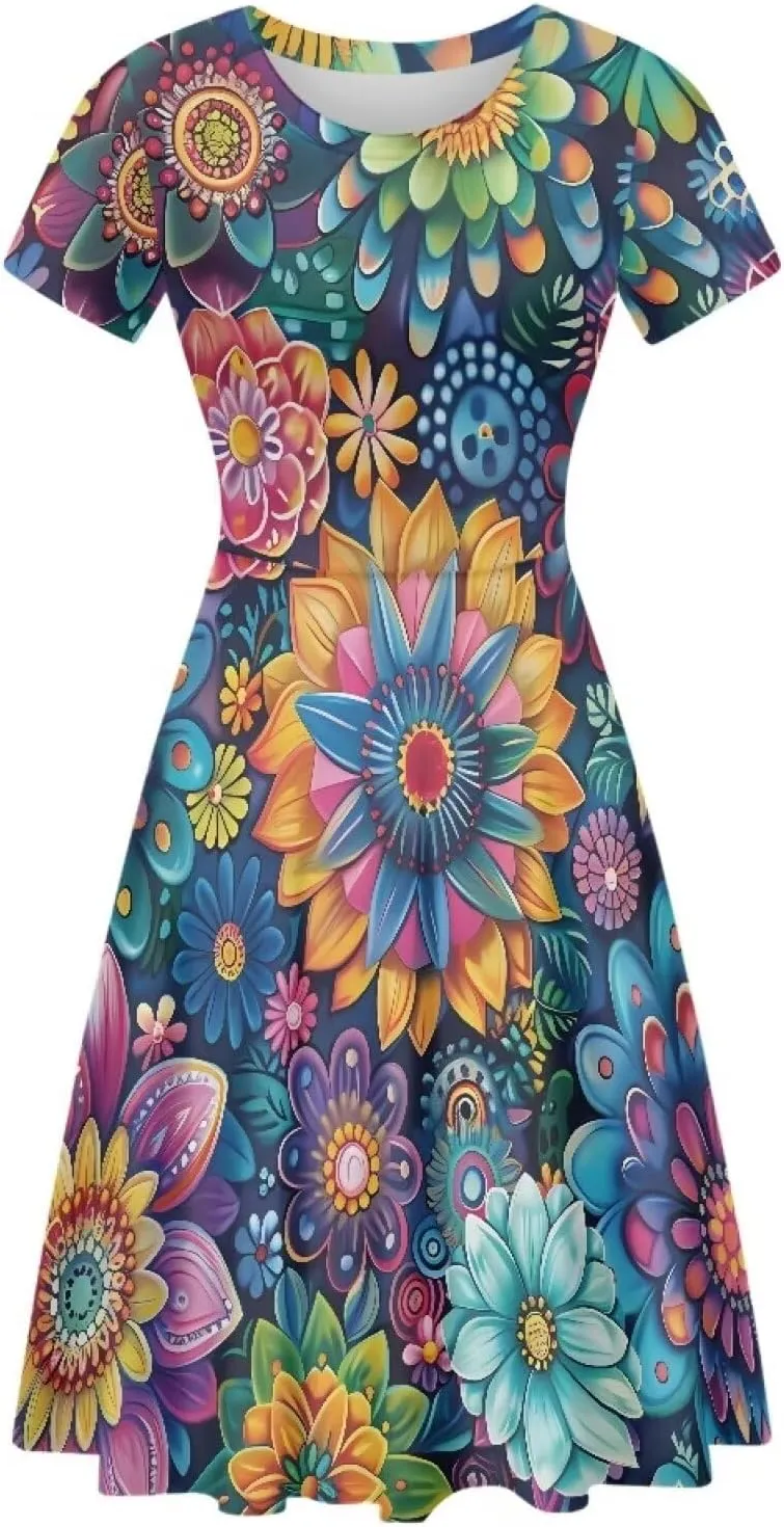POLERO Vintage Dress for Women Summer Short Sleeve Midi Dress Crew Neck Sun Dress Swing Skater Dresses