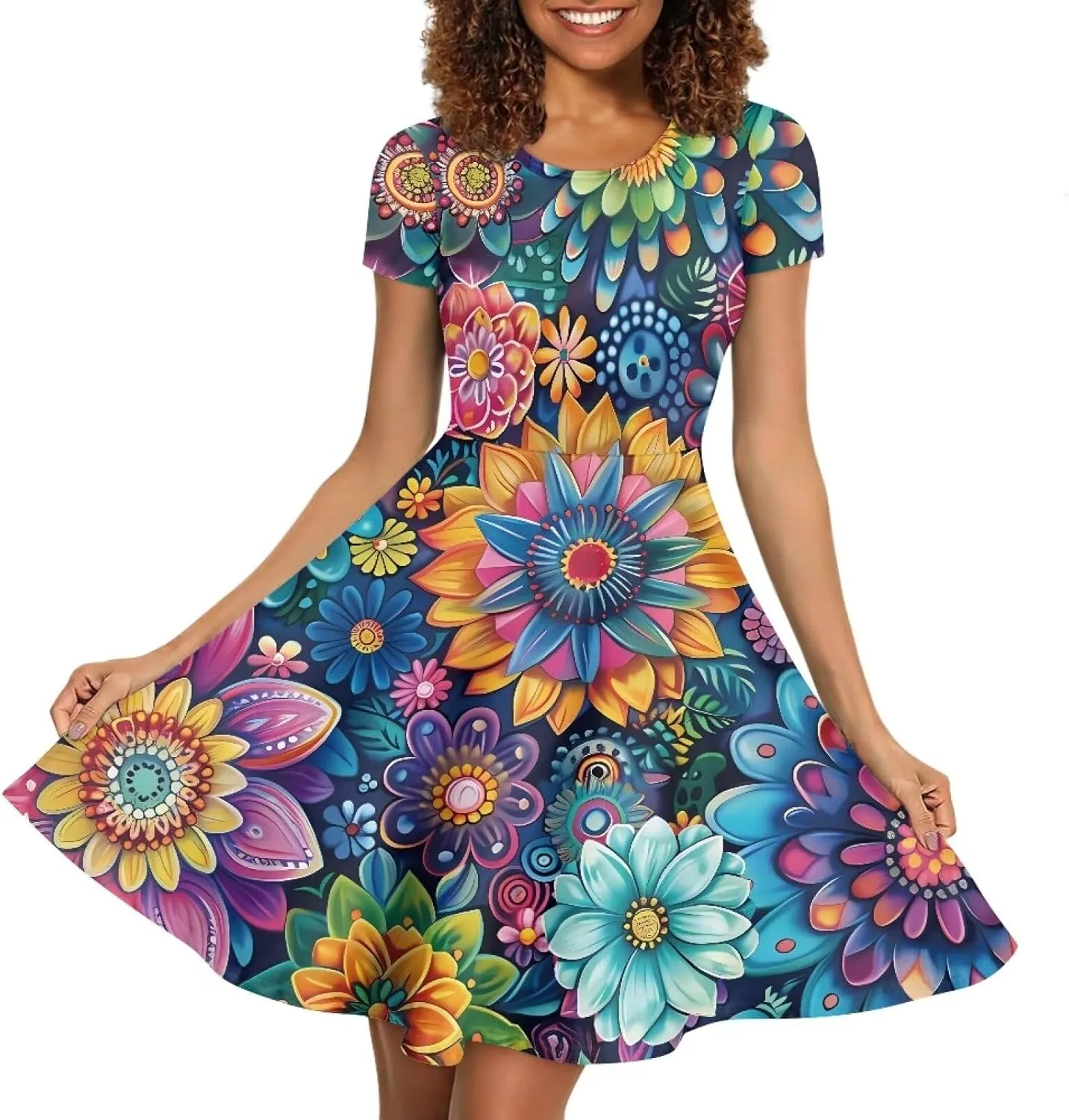 POLERO Vintage Dress for Women Summer Short Sleeve Midi Dress Crew Neck Sun Dress Swing Skater Dresses