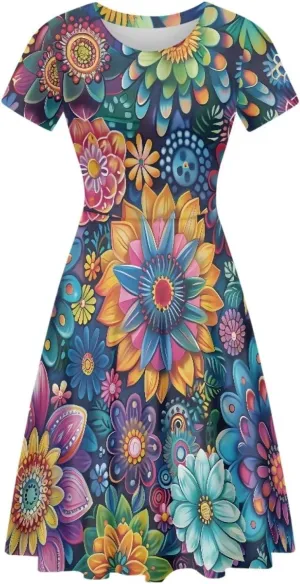 POLERO Vintage Dress for Women Summer Short Sleeve Midi Dress Crew Neck Sun Dress Swing Skater Dresses