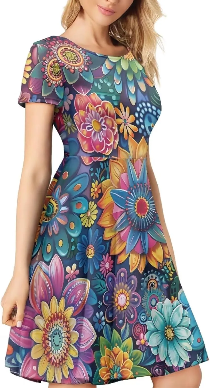 POLERO Vintage Dress for Women Summer Short Sleeve Midi Dress Crew Neck Sun Dress Swing Skater Dresses