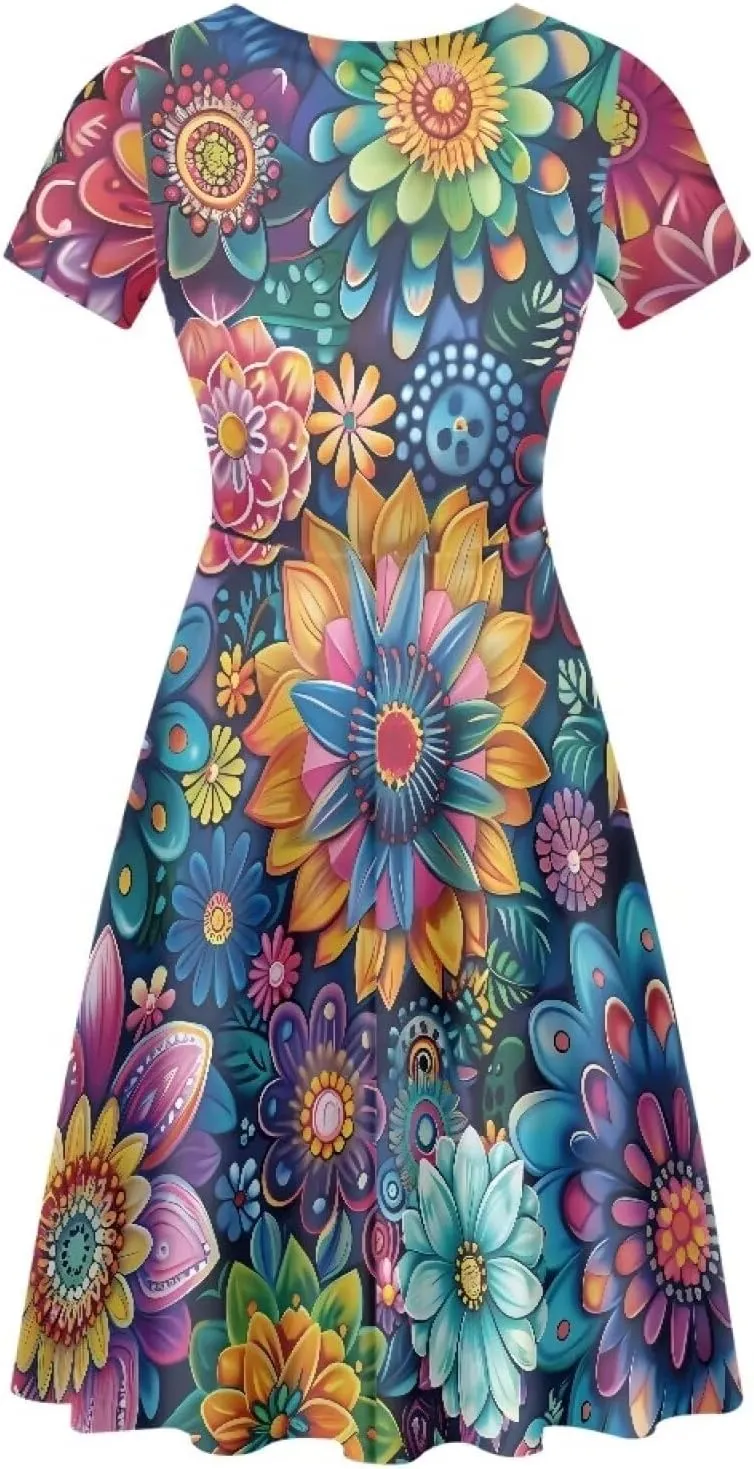 POLERO Vintage Dress for Women Summer Short Sleeve Midi Dress Crew Neck Sun Dress Swing Skater Dresses