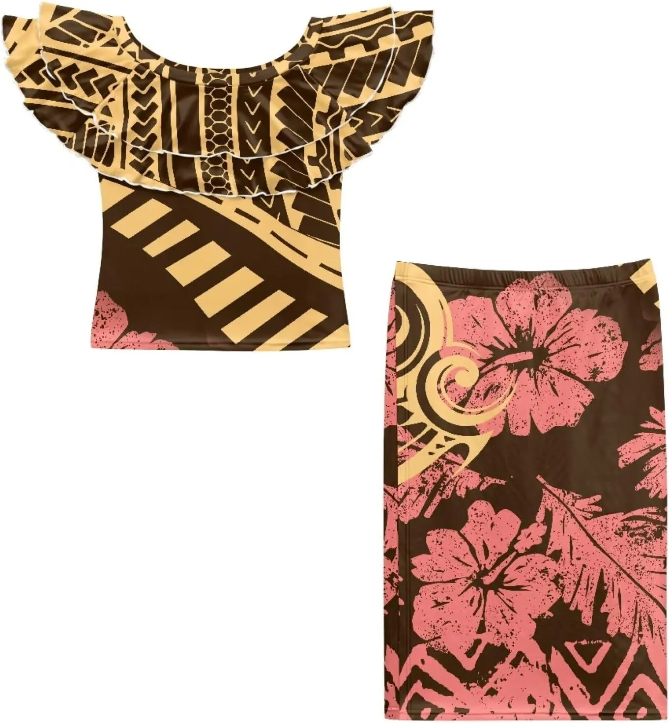 Polynesian Tapa Puletasi Samoan Women Island Two Piece Set Ruffle Off Shoulder Top and Skirts 2 Pcs Set Dress