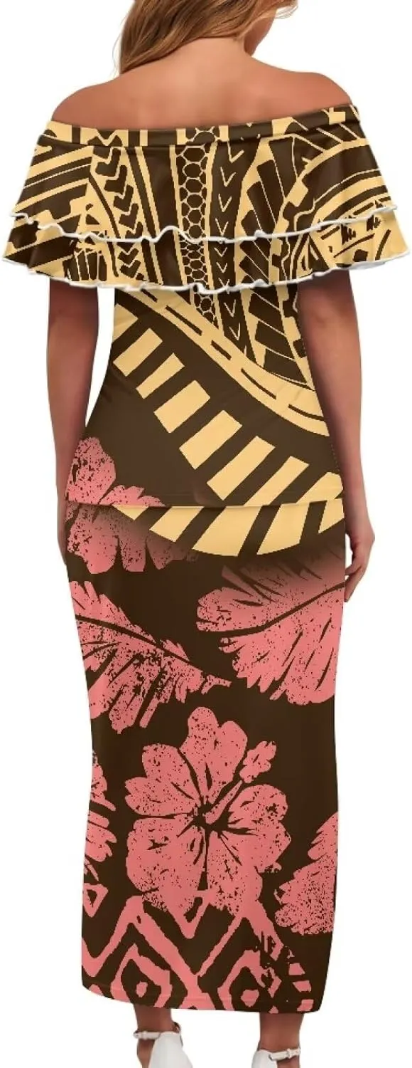 Polynesian Tapa Puletasi Samoan Women Island Two Piece Set Ruffle Off Shoulder Top and Skirts 2 Pcs Set Dress