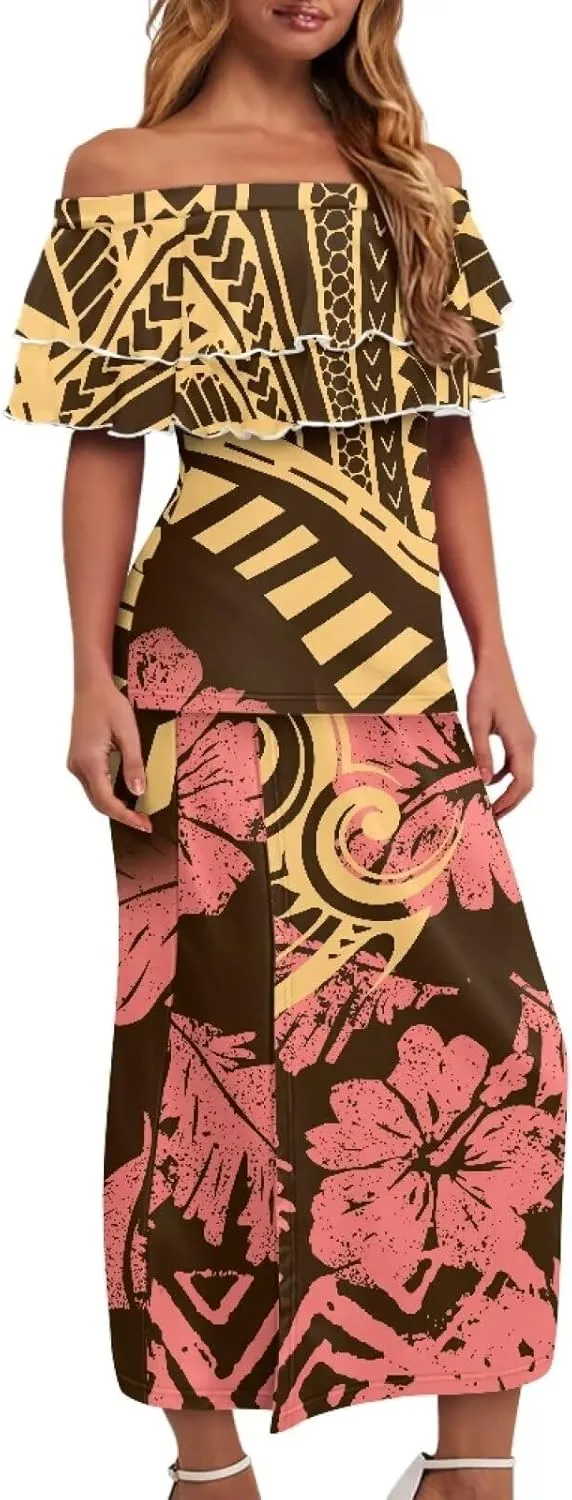 Polynesian Tapa Puletasi Samoan Women Island Two Piece Set Ruffle Off Shoulder Top and Skirts 2 Pcs Set Dress