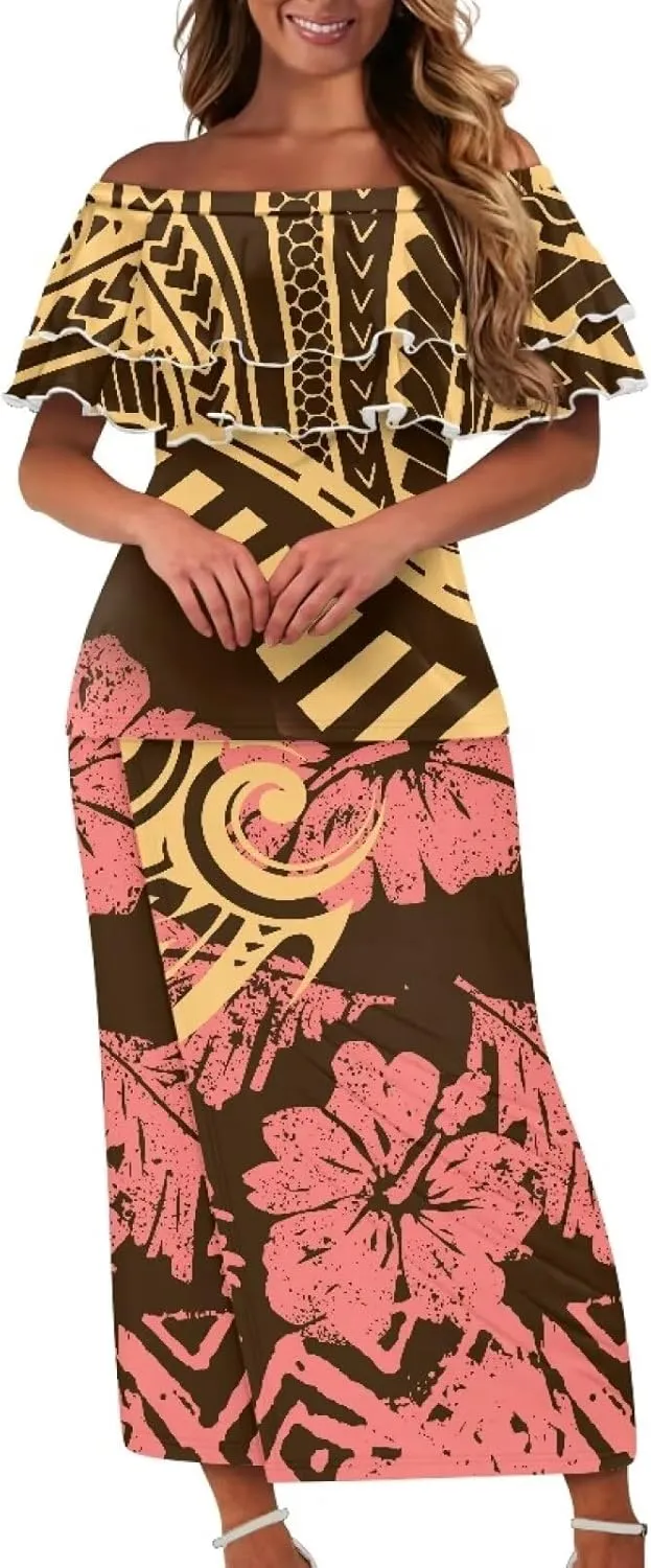 Polynesian Tapa Puletasi Samoan Women Island Two Piece Set Ruffle Off Shoulder Top and Skirts 2 Pcs Set Dress