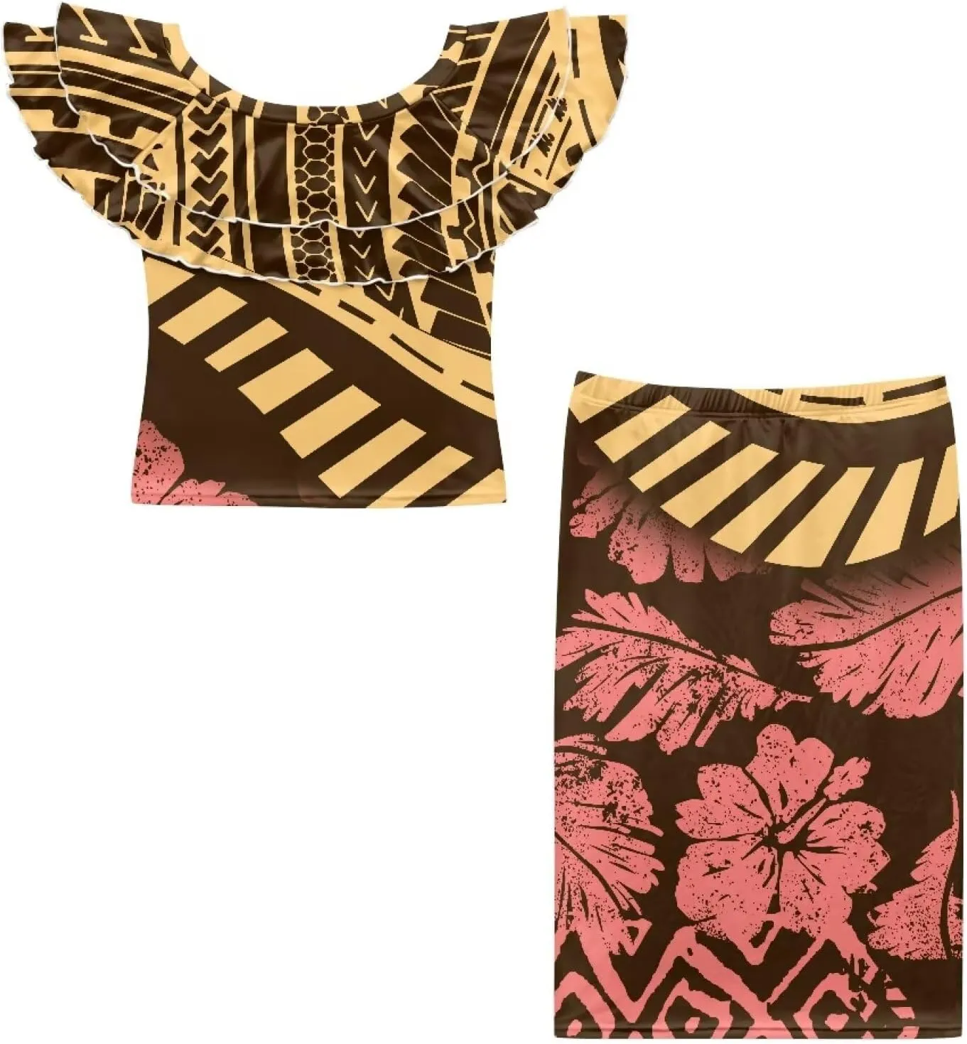 Polynesian Tapa Puletasi Samoan Women Island Two Piece Set Ruffle Off Shoulder Top and Skirts 2 Pcs Set Dress