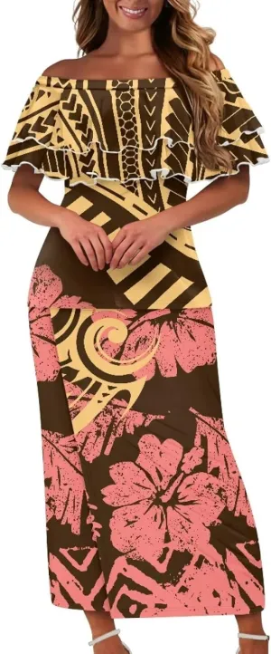 Polynesian Tapa Puletasi Samoan Women Island Two Piece Set Ruffle Off Shoulder Top and Skirts 2 Pcs Set Dress
