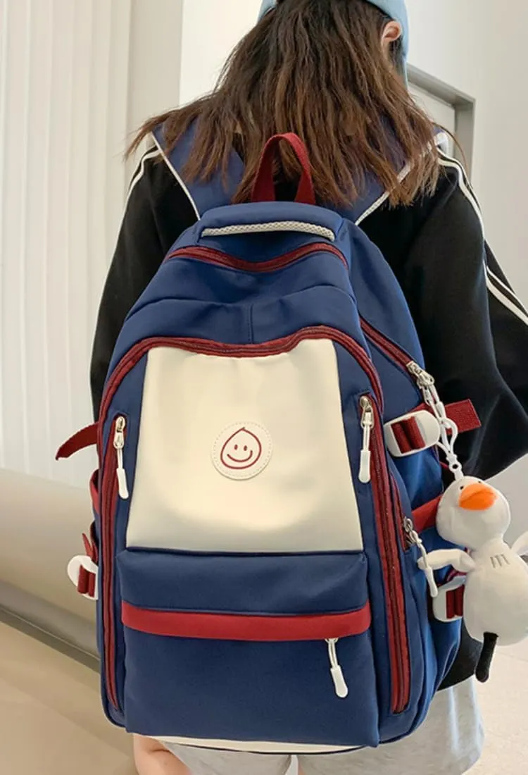 Preppy Backpack with Pendant Aesthetic Cute College Backpack Trendy Smile Face Laptop Bag Korean Lightweight Daypack (Blue,One Size)