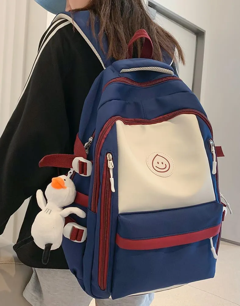 Preppy Backpack with Pendant Aesthetic Cute College Backpack Trendy Smile Face Laptop Bag Korean Lightweight Daypack (Blue,One Size)