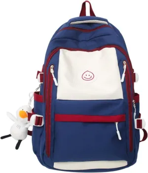 Preppy Backpack with Pendant Aesthetic Cute College Backpack Trendy Smile Face Laptop Bag Korean Lightweight Daypack (Blue,One Size)