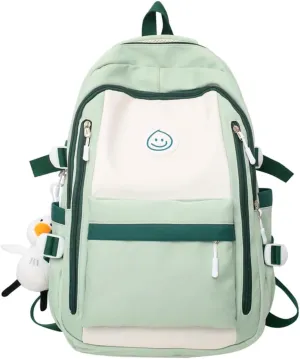 Preppy Backpack with Pendant Aesthetic Cute College Backpack Trendy Smile Face Laptop Bag Korean Lightweight Daypack (Green,One Size)