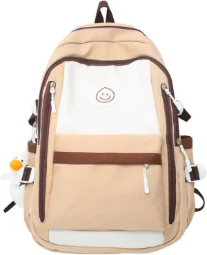 Preppy Backpack with Pendant Aesthetic Cute College Backpack Trendy Smile Face Laptop Bag Korean Lightweight Daypack (Khaki,One Size)