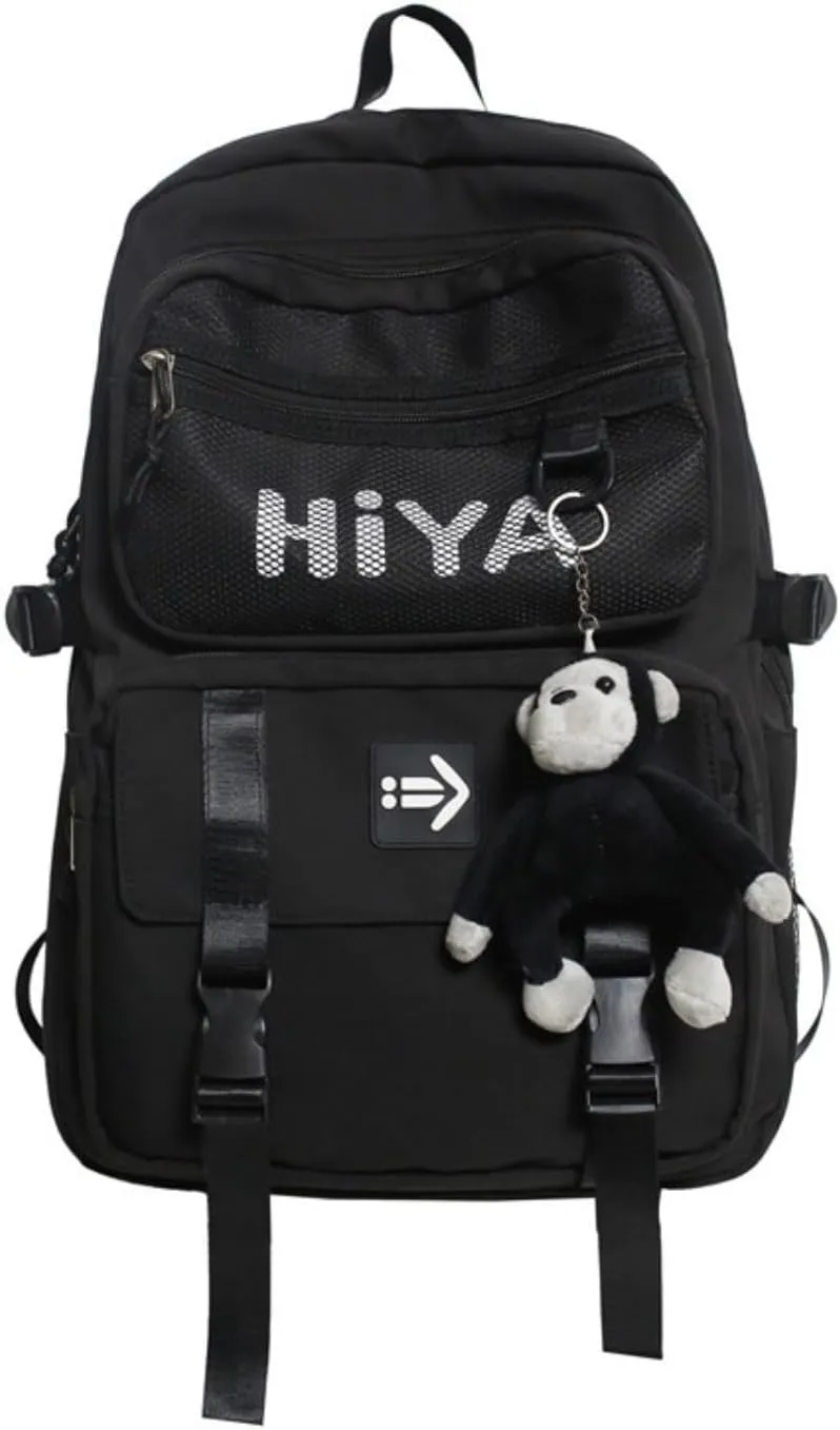 Preppy Backpack Y2K Aesthetic College Backpack Cool Trendy Japanese Harajuku Techwear Daypack Fit 15.6 Inch Laptop (Black,One Size)