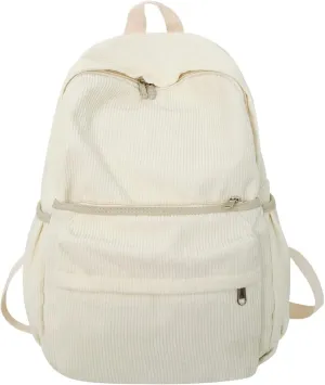 Preppy Corduroy Backpack Aesthetic Backpack 15.6 inch Laptop College Backpack Cute Book Bag Travel Rucksack Daypack (One Size,White)