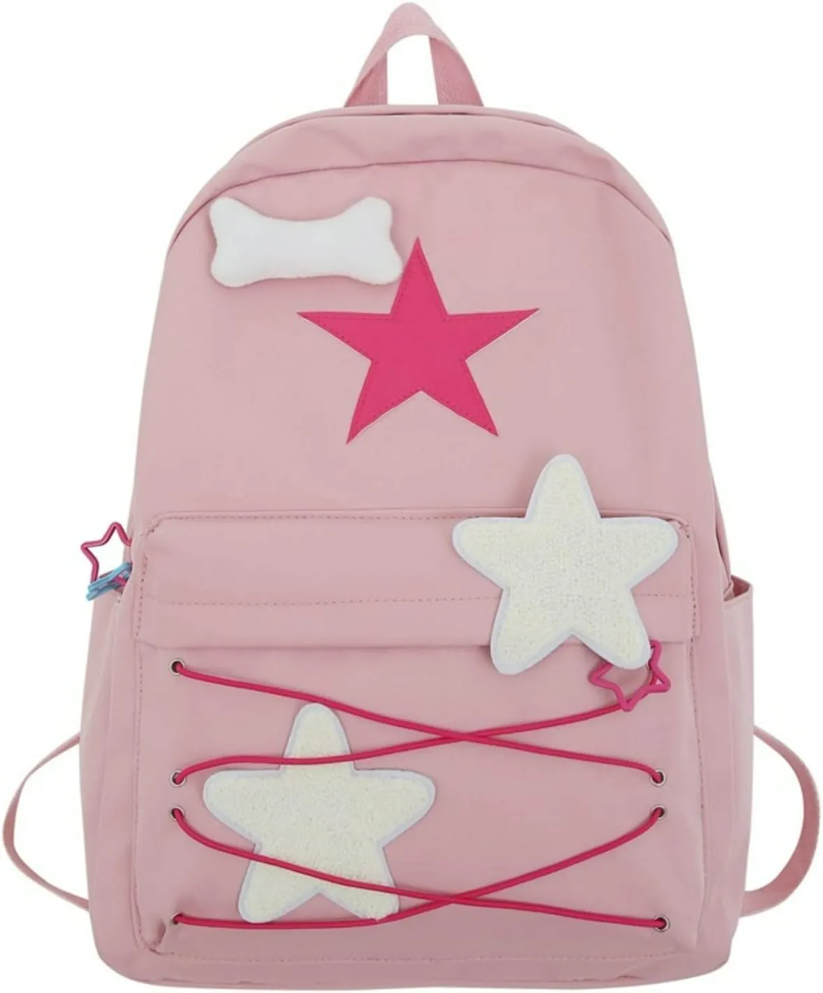 Preppy Cute Stars Pattern Korean Style Aesthetic College Backpack for Work Travel (One Size, Pink)