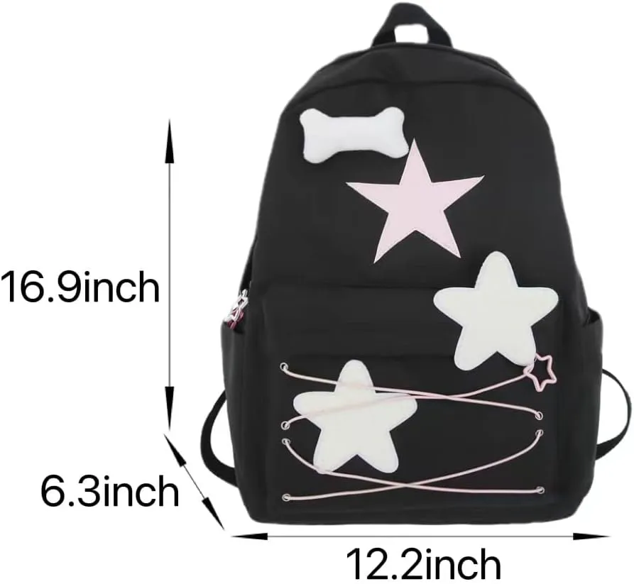 Preppy Cute Stars Pattern Korean Style Aesthetic College Backpack for Work Travel (One Size, Pink)