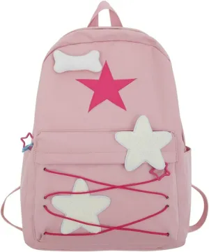Preppy Cute Stars Pattern Korean Style Aesthetic College Backpack for Work Travel (One Size, Pink)