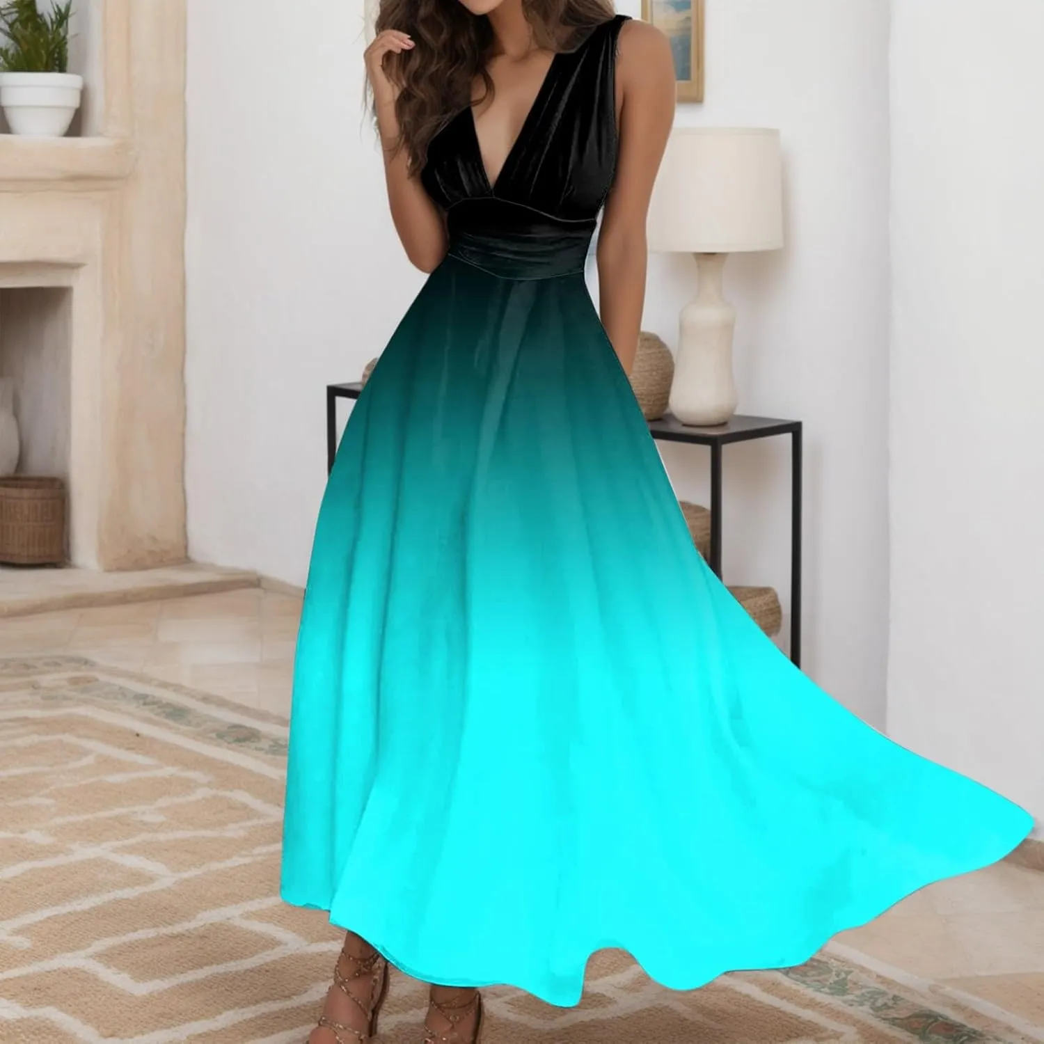 PTOLOCIF Sundresses for Women 2024, Trendy Summer Flowy Sleeveless Dresses Elegant V Neck Wedding Guest Dresses Maxi Dresses