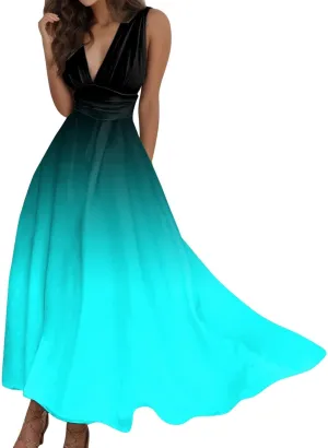 PTOLOCIF Sundresses for Women 2024, Trendy Summer Flowy Sleeveless Dresses Elegant V Neck Wedding Guest Dresses Maxi Dresses