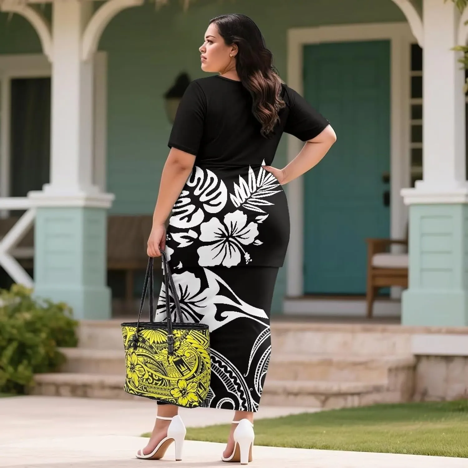 Puletasi Samoan Traditional 2 Piece Outfits for Women Short Sleeve Crop Top and Maxi Skirt Sets Puletasi Dress