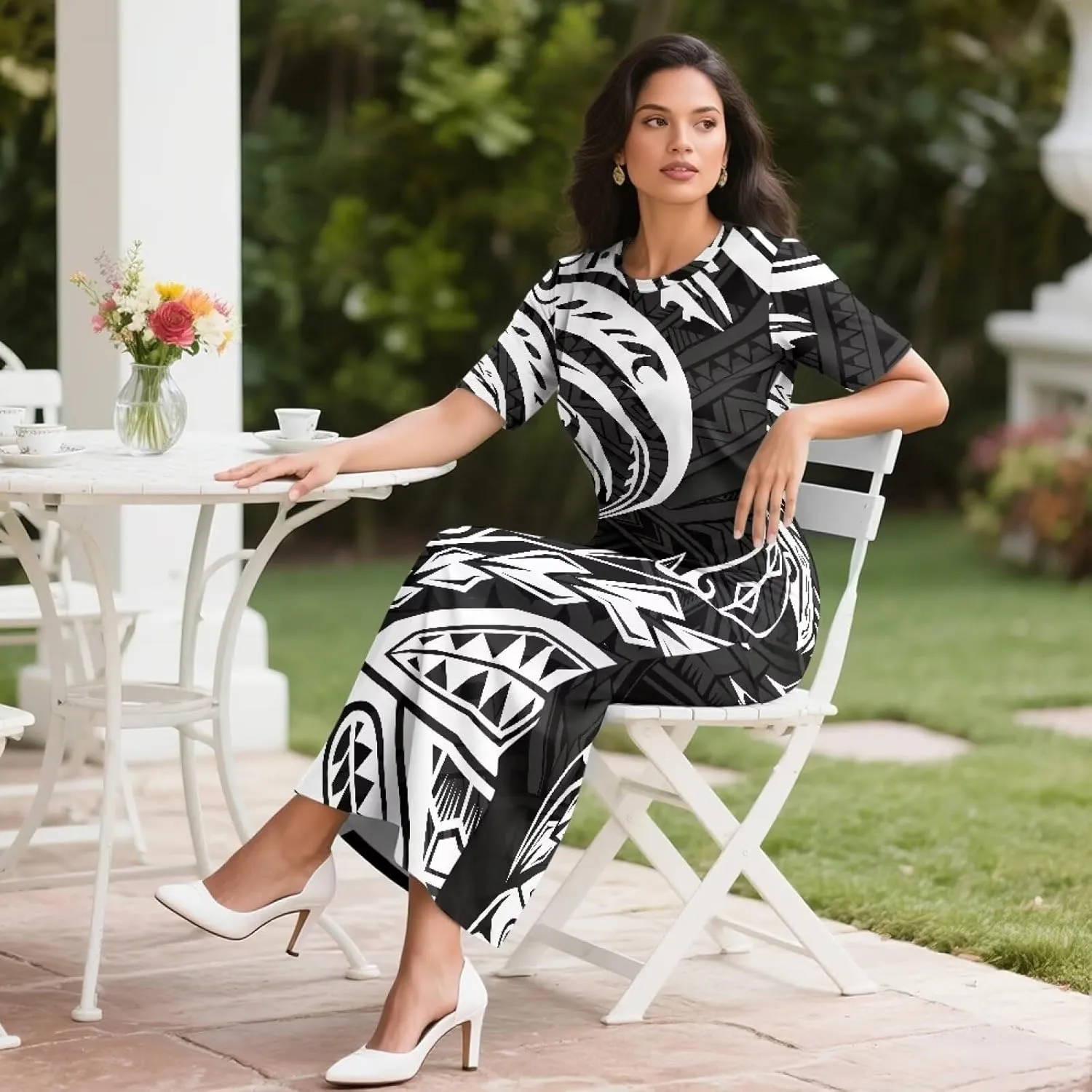 Puletasi Samoan Traditional 2 Piece Outfits for Women Short Sleeve Crop Top and Maxi Skirt Sets Puletasi Dress