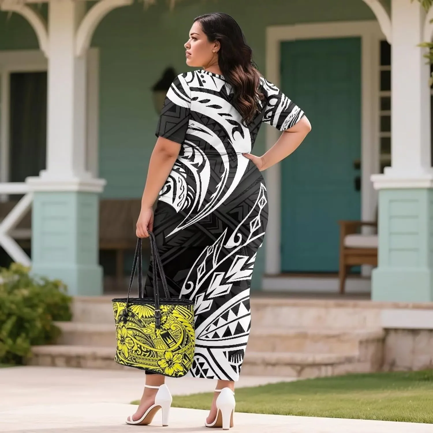 Puletasi Samoan Traditional 2 Piece Outfits for Women Short Sleeve Crop Top and Maxi Skirt Sets Puletasi Dress