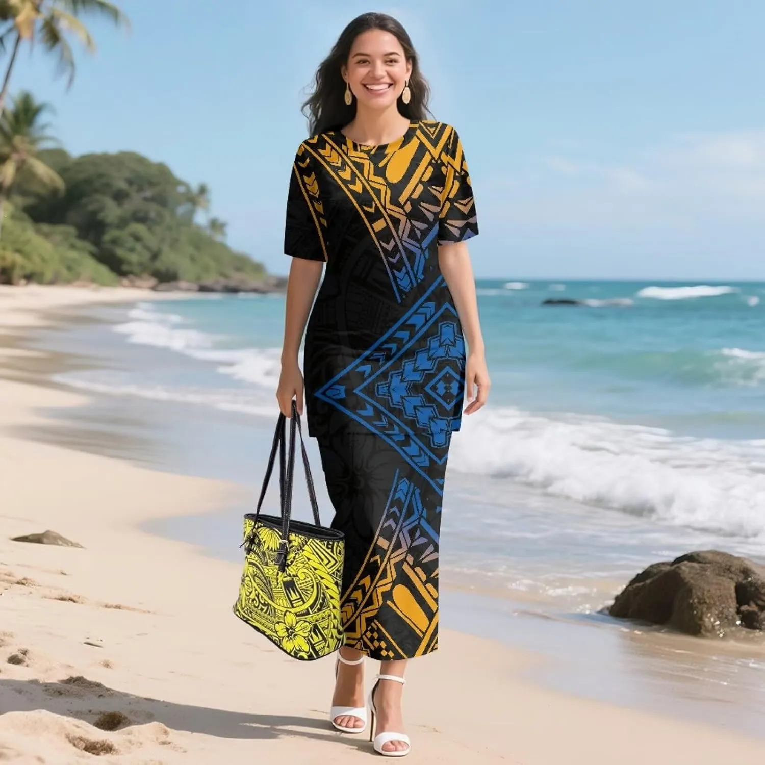 Puletasi Samoan Traditional 2 Piece Outfits for Women Short Sleeve Crop Top and Maxi Skirt Sets Puletasi Dress