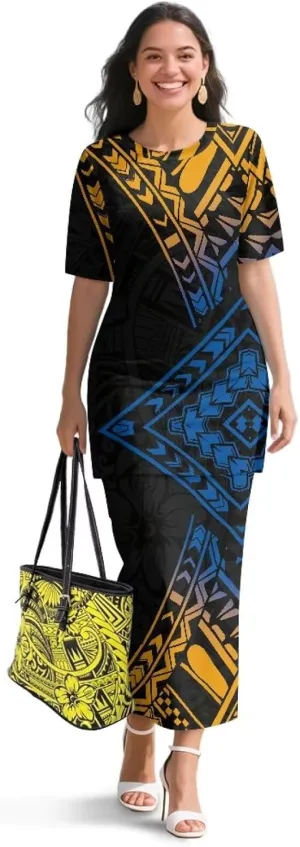 Puletasi Samoan Traditional 2 Piece Outfits for Women Short Sleeve Crop Top and Maxi Skirt Sets Puletasi Dress