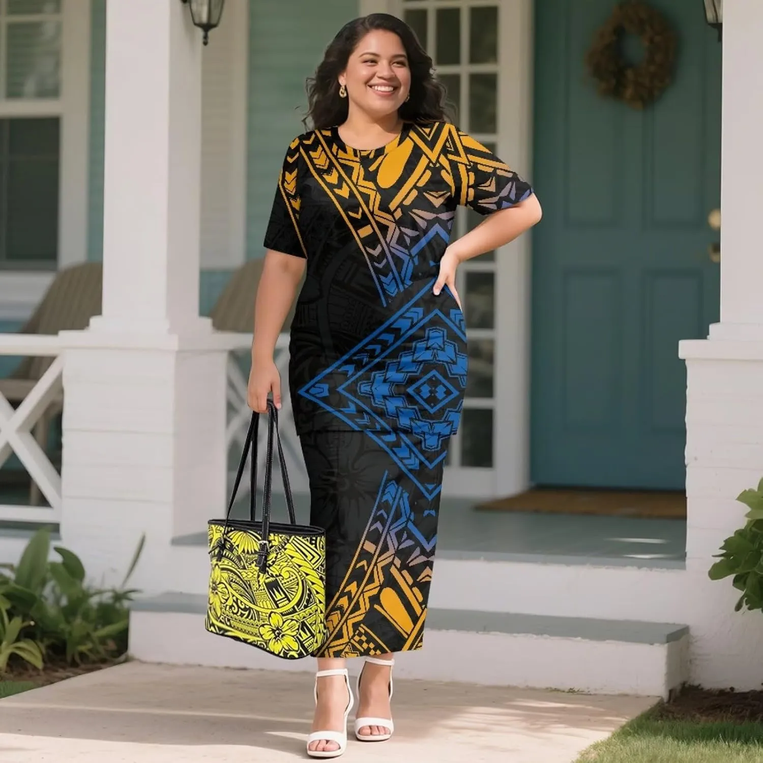 Puletasi Samoan Traditional 2 Piece Outfits for Women Short Sleeve Crop Top and Maxi Skirt Sets Puletasi Dress