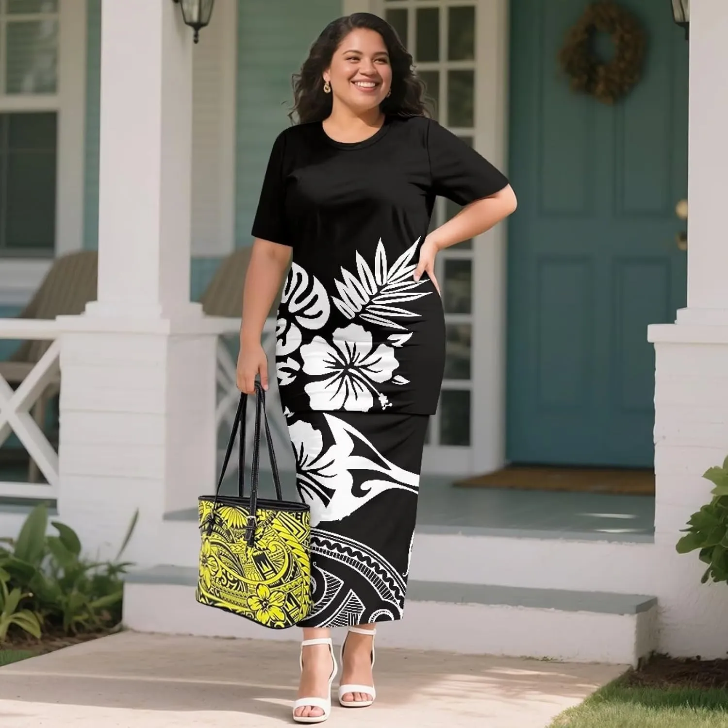 Puletasi Samoan Traditional 2 Piece Outfits for Women Short Sleeve Crop Top and Maxi Skirt Sets Puletasi Dress
