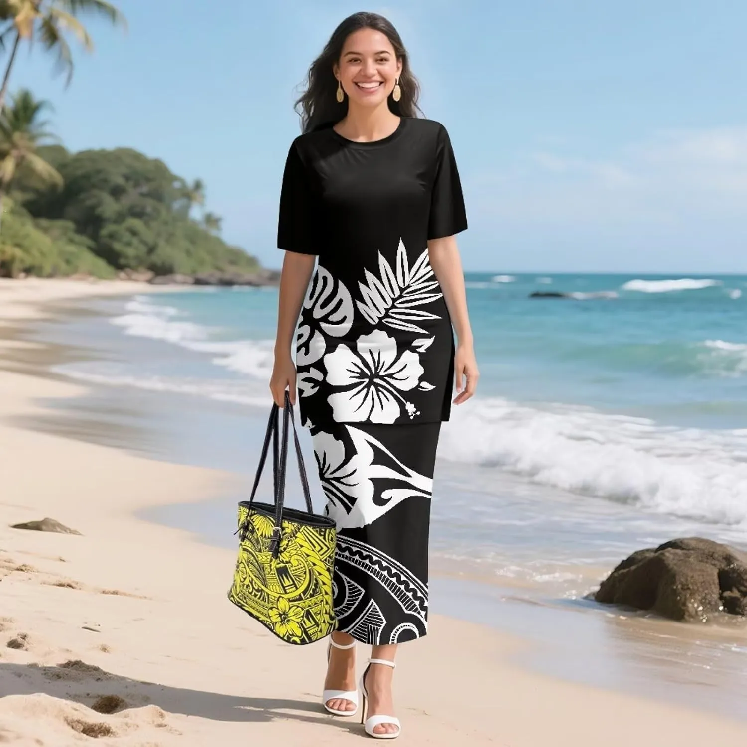 Puletasi Samoan Traditional 2 Piece Outfits for Women Short Sleeve Crop Top and Maxi Skirt Sets Puletasi Dress